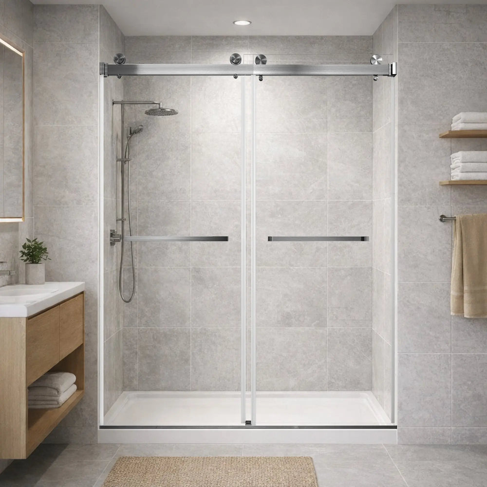 Brushed Nickel 56-60" x 76" Double Sliding Shower Door, Frameless 3/8" Tempered Glass TONA Bathroom Furniture