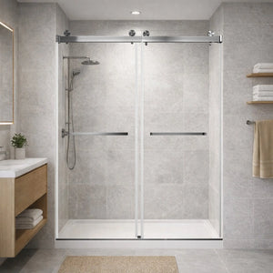 Brushed Nickel 56-60" x 76" Double Sliding Shower Door, Frameless 3/8" Tempered Glass TONA Bathroom Furniture