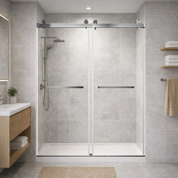 Brushed Nickel 56-60" x 76" Double Sliding Shower Door, Frameless 3/8" Tempered Glass TONA Bathroom Furniture