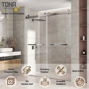 Chrome 56-60" x 76" Double Sliding Shower Door, Frameless 3/8" Tempered Glass TONA Bathroom Furniture