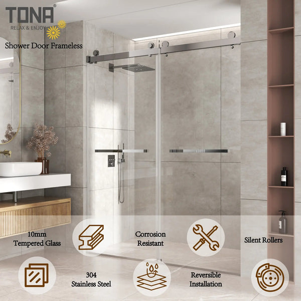 Chrome 56-60" x 76" Double Sliding Shower Door, Frameless 3/8" Tempered Glass TONA Bathroom Furniture