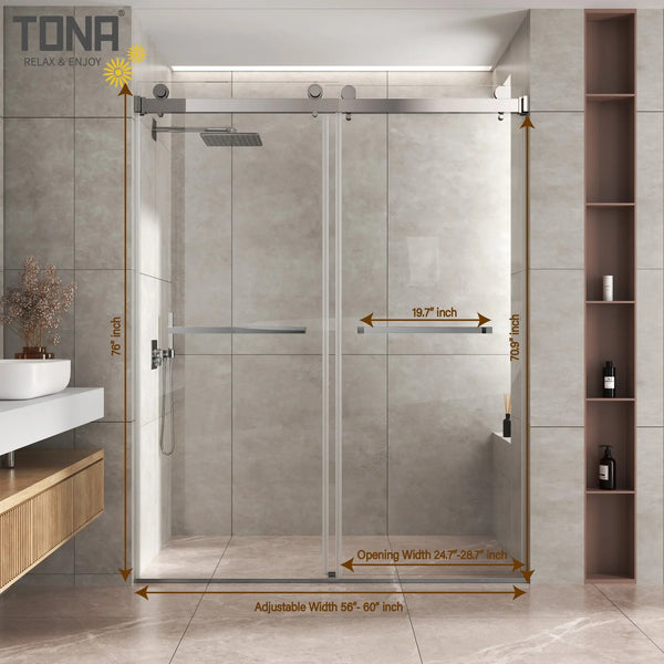 Chrome 56-60" x 76" Double Sliding Shower Door, Frameless 3/8" Tempered Glass TONA Bathroom Furniture