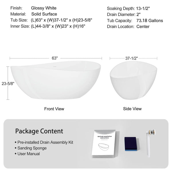 Cunard 63" Stone Resin Freestanding Soaking Bathtub – Glossy White TONA Bathroom Furniture