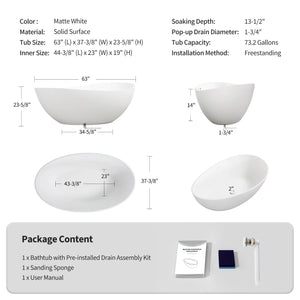 Cunard 63" Stone Resin Freestanding Soaking Bathtub – Matt White TONA Bathroom Furniture