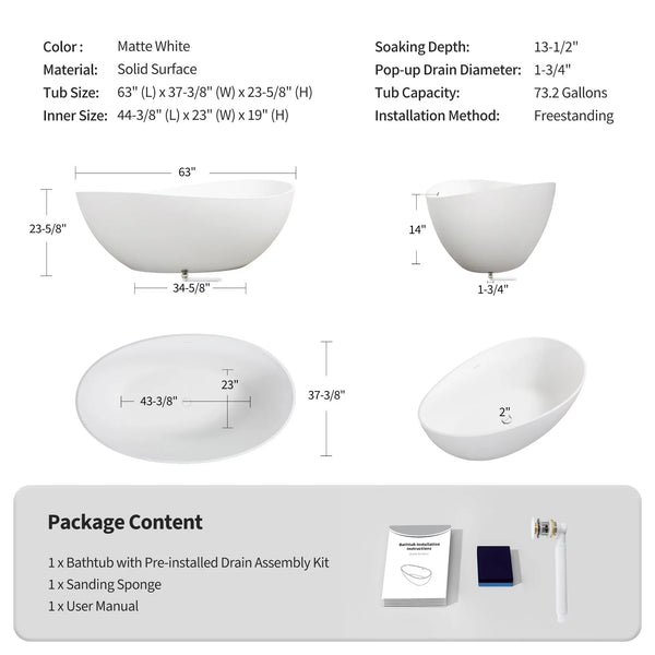 Cunard 63" Stone Resin Freestanding Soaking Bathtub – Matt White TONA Bathroom Furniture