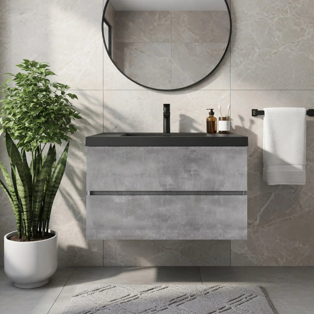 Edi 36'' Grey Single Sink Floating Bathroom Vanity with Black Quartz Sands Countertop TONA Bathroom Furniture