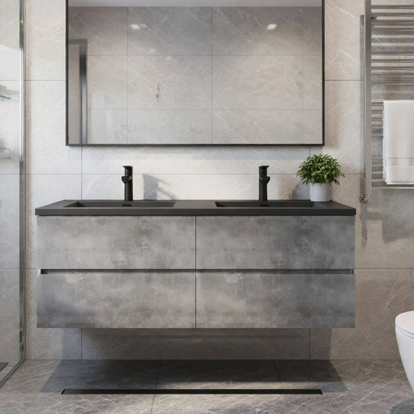 Edi 60'' Grey Double Sink Floating Bathroom Vanity with Black Quartz Sands Countertop TONA Bathroom Furniture
