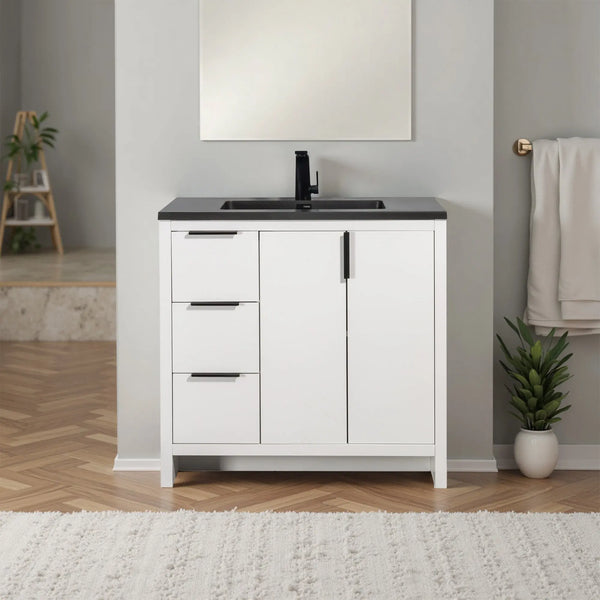 Evana 36'' White Freestanding Bathroom Vanity with Matte Black Single Sink TONA Bathroom Furniture