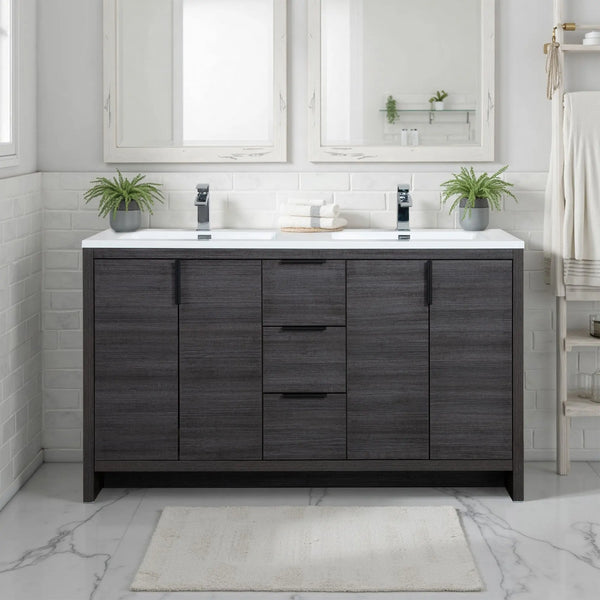 Evana 60'' Leached Oak Freestanding Bathroom Vanity with White Double Sink TONA Bathroom Furniture