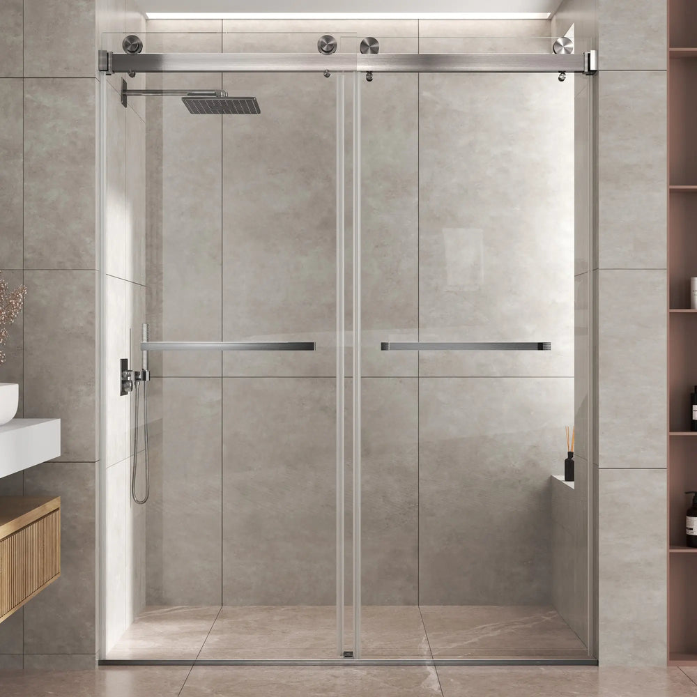 Brushed Nickel 56-60" x 76" Double Sliding Shower Door, Frameless 3/8" Tempered Glass TONA Bathroom Furniture