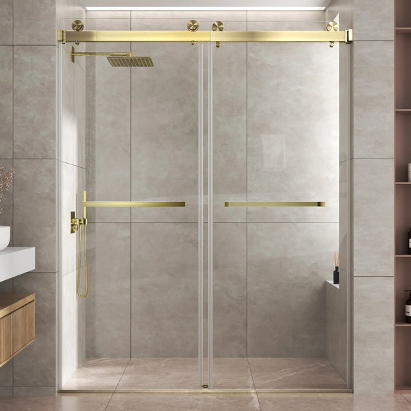 Brushed Gold 56-60" x 76" Double Sliding Shower Door, Frameless 3/8" Tempered Glass TONA Bathroom Furniture