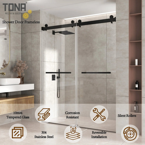 Matte Black 56-60" x 76" Double Sliding Shower Door, Frameless 3/8" Tempered Glass TONA Bathroom Furniture