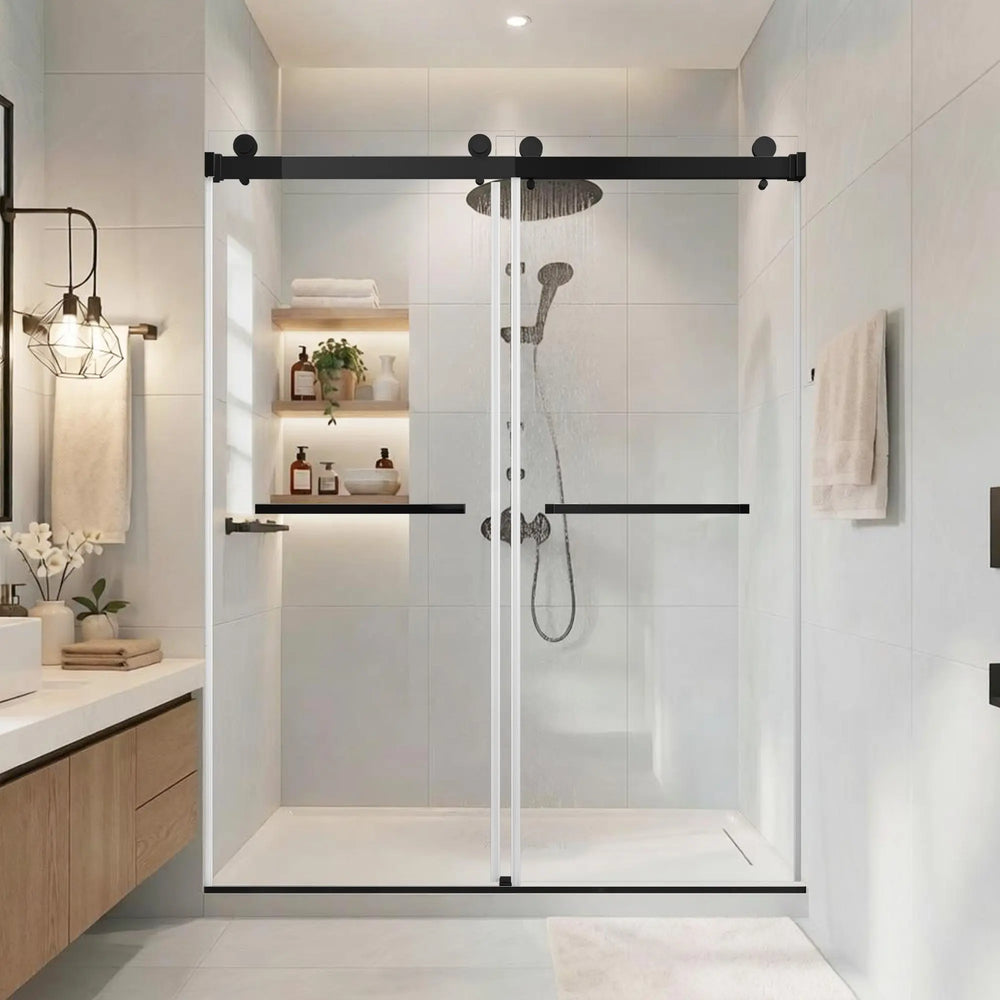 Matte Black 56-60" x 76" Double Sliding Shower Door, Frameless 3/8" Tempered Glass TONA Bathroom Furniture