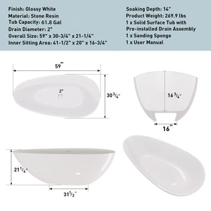 NCL 59" Freestanding Stone Resin Bathtub Luxury Soaking Tubs - Glossy White TONA Bathroom Furniture