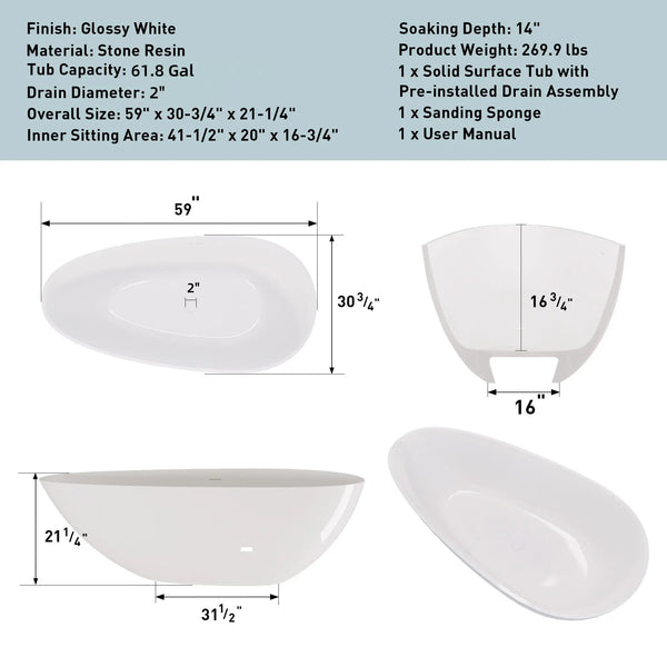 NCL 59" Freestanding Stone Resin Bathtub Luxury Soaking Tubs - Glossy White TONA Bathroom Furniture