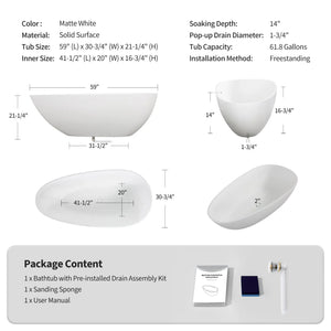 NCL 59" Freestanding Stone Resin Bathtub Luxury Soaking Tubs - Matt White TONA Bathroom Furniture