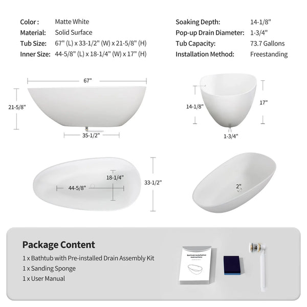 NCL 67" Freestanding Stone Resin Bathtub Luxury Soaking Tubs - Matt White TONA Bathroom Furniture