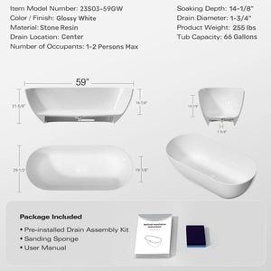 Nevis 59'' Glossy White Stone Resin Freestanding Soaking Bathtub TONA Bathroom Furniture