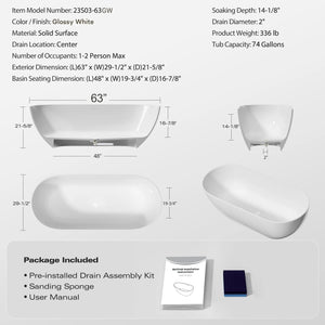 Nevis 63'' Glossy White Stone Resin Freestanding Soaking Bathtub TONA Bathroom Furniture