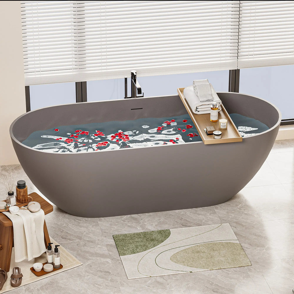 Nevis 59'' Matte Gray Stone Resin Freestanding Soaking Bathtub TONA Bathroom Furniture