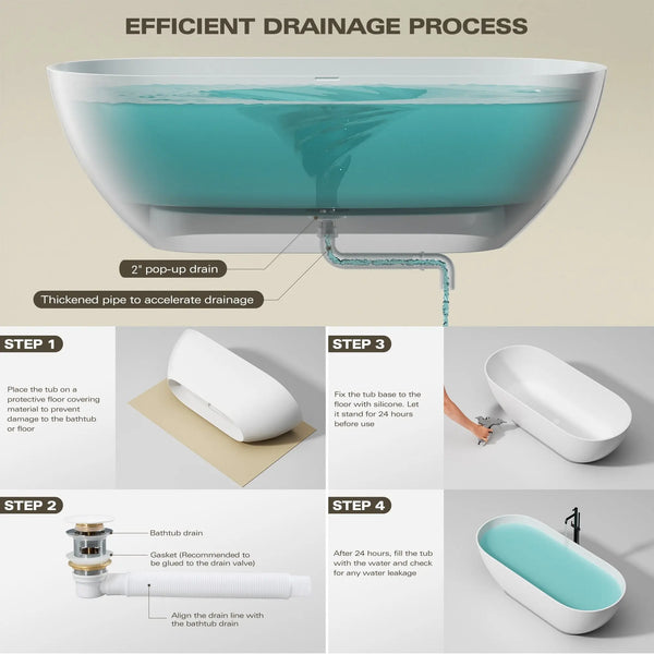 Nevis 63'' Matte White Stone Resin Freestanding Soaking Bathtub TONA Bathroom Furniture