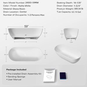 Nevis 59'' Matte White Stone Resin Freestanding Soaking Bathtub TONA Bathroom Furniture