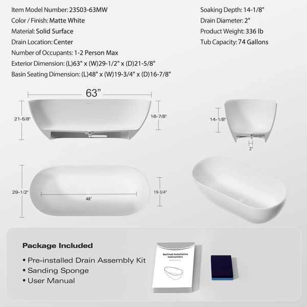 Nevis 63'' Matte White Stone Resin Freestanding Soaking Bathtub TONA Bathroom Furniture
