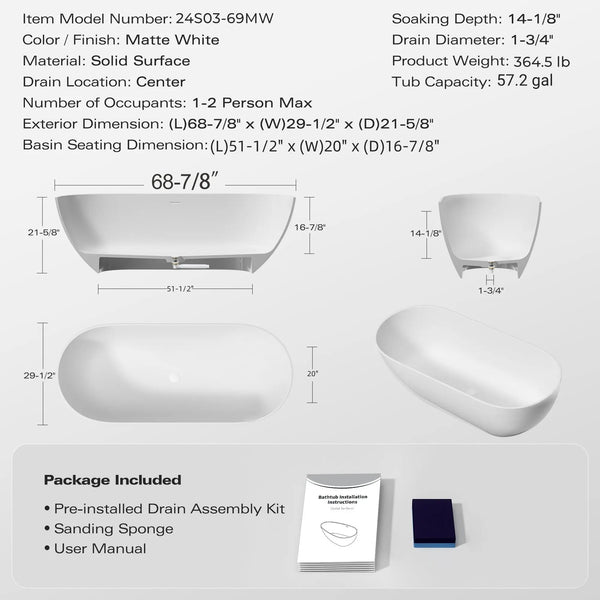 Nevis 69'' Matte White Stone Resin Freestanding Soaking Bathtub TONA Bathroom Furniture