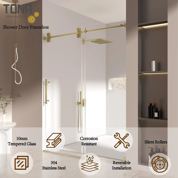 Single Sliding 56-60" x 76" Frameless Shower Door with 3/8" Tempered Glass, Brushed Gold TONA Bathroom Furniture