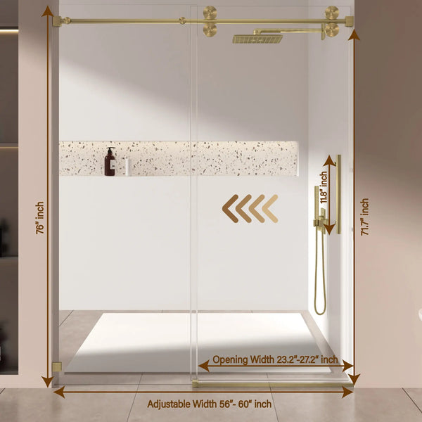 Single Sliding 56-60" x 76" Frameless Shower Door with 3/8" Tempered Glass, Brushed Gold TONA Bathroom Furniture