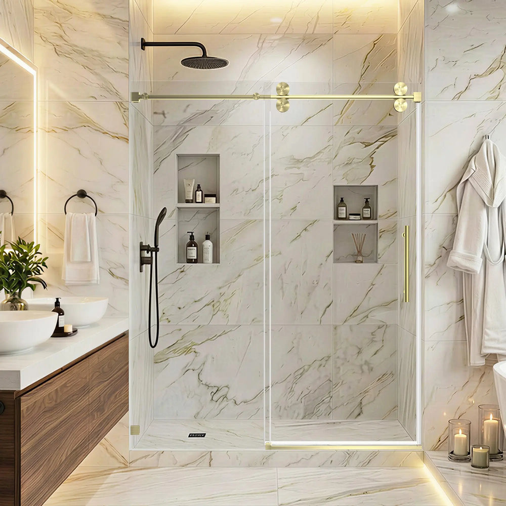 Single Sliding 56-60" x 76" Frameless Shower Door with 3/8" Tempered Glass, Brushed Gold TONA Bathroom Furniture