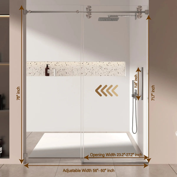 Single Sliding 56-60" x 76" Frameless Shower Door with 3/8" Tempered Glass, Brushed Nickel TONA Bathroom Furniture