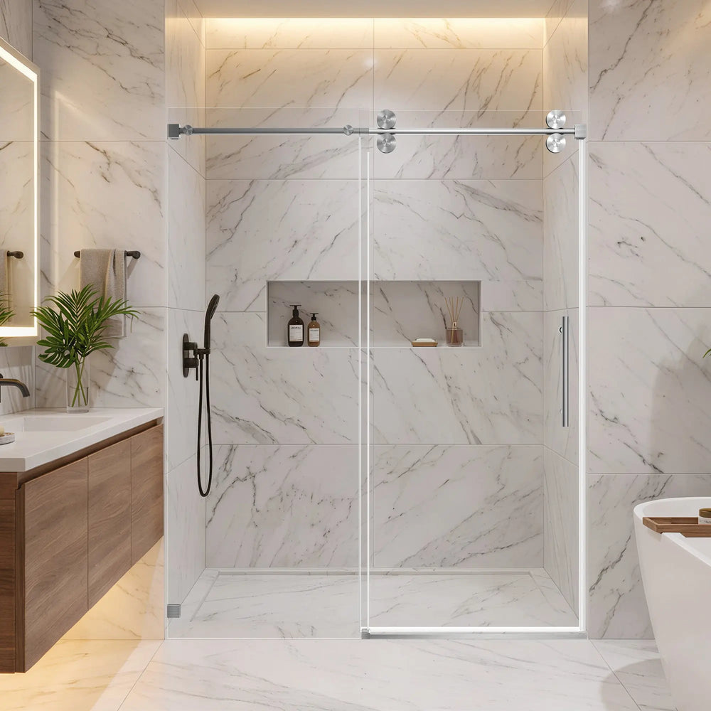 Single Sliding 56-60" x 76" Frameless Shower Door with 3/8" Tempered Glass, Brushed Nickel TONA Bathroom Furniture