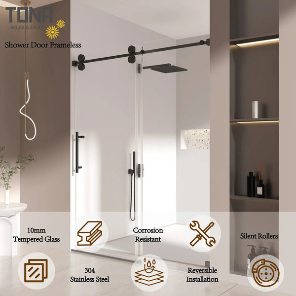Single Sliding 56-60" x 76" Frameless Shower Door with 3/8" Tempered Glass, Matte Black TONA Bathroom Furniture