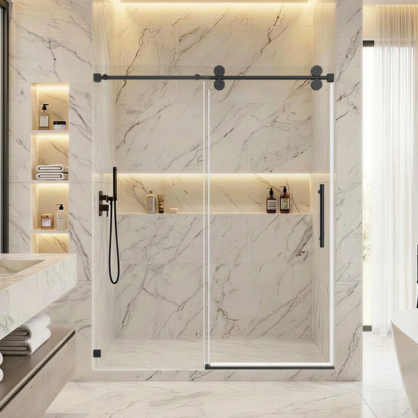 Single Sliding 56-60" x 76" Frameless Shower Door with 3/8" Tempered Glass, Matte Black TONA Bathroom Furniture