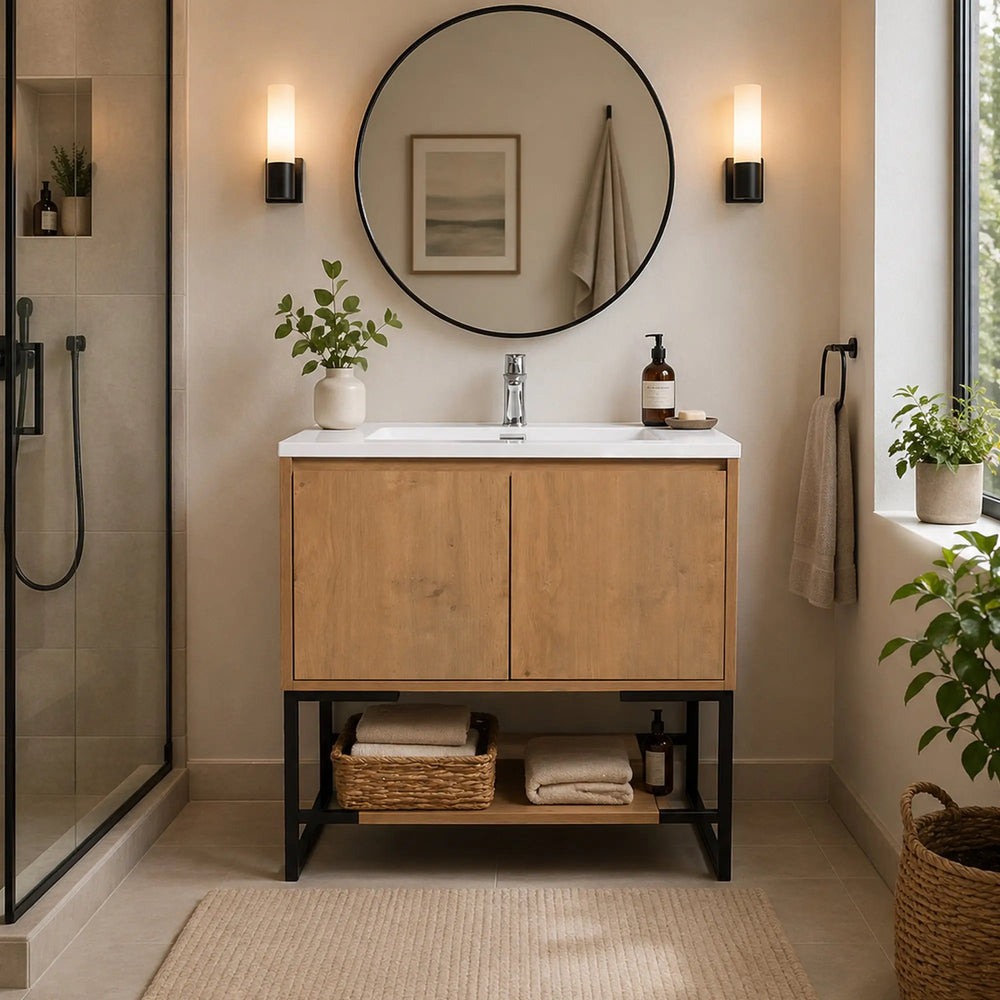 Allen 36'' Freestanding Single Vanity with Solid Surface Basin, T.Oak TONA Bathroom Furniture