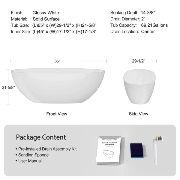 Viking 65'' Stone Resin Freestanding Soaking Bathtub in Glossy White TONA Bathroom Furniture