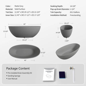 Viking 65'' Stone Resin Freestanding Soaking Bathtub in Matte Gray TONA Bathroom Furniture
