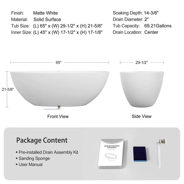 Viking 65'' Stone Resin Freestanding Soaking Bathtub in Matte White TONA Bathroom Furniture
