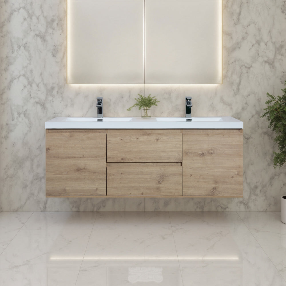 Angela 60'' Floating Double Vanity in Andean Oak Texture with White Countertop TONA Bathroom Furniture