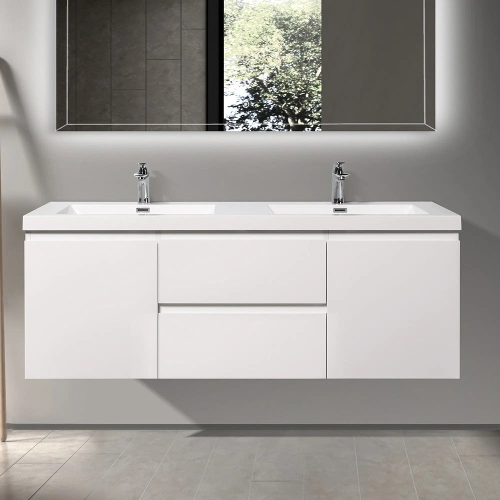 Angela 60'' Glossy White Floating Double Vanity with White Countertop TONA Bathroom Furniture