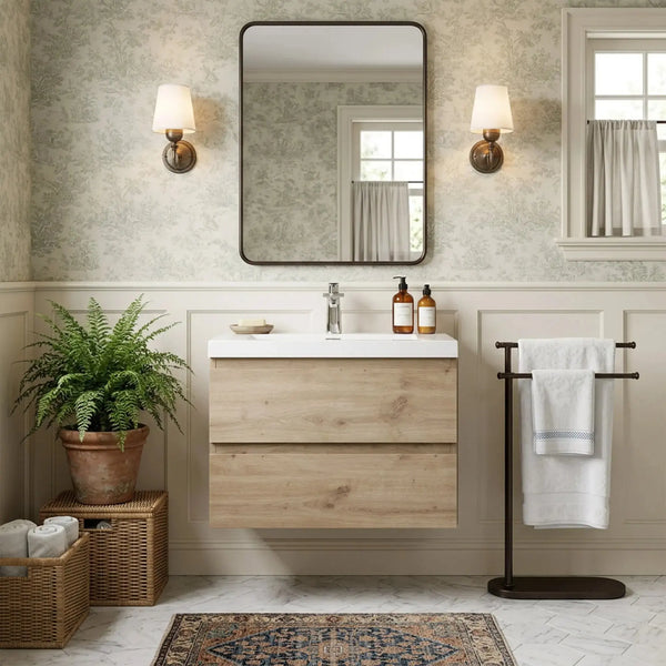 Angela 30'' Floating Single Vanity in Andean Oak Texture with White Countertop TONA Bathroom Furniture