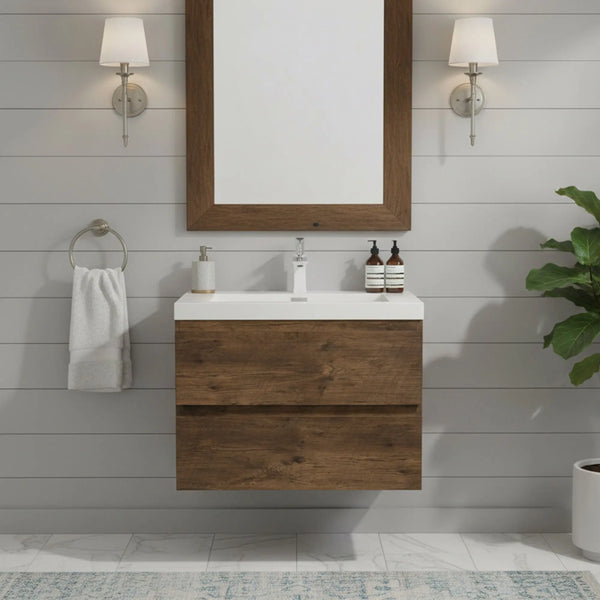 Angela 30'' Floating Single Vanity Rose Wood with White Countertop TONA Bathroom Furniture