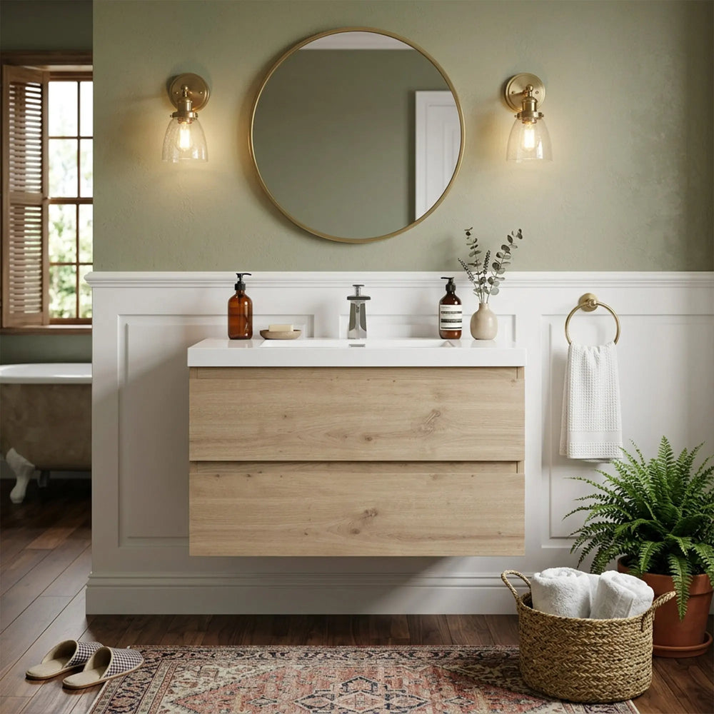 Angela 36'' Floating Single Vanity in Andean Oak Texture with White Countertop TONA Bathroom Furniture