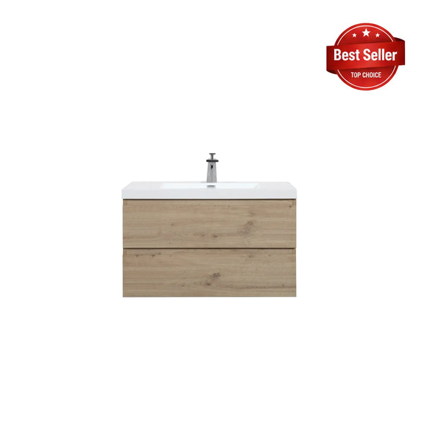 Angela 36'' Floating Single Vanity in Andean Oak Texture with White Countertop TONA Bathroom Furniture