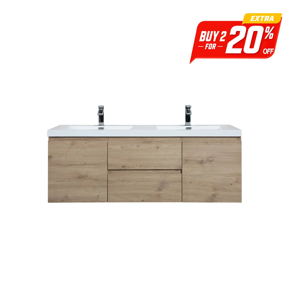 Angela 60'' Floating Double Vanity in Andean Oak Texture with White Countertop TONA Bathroom Furniture