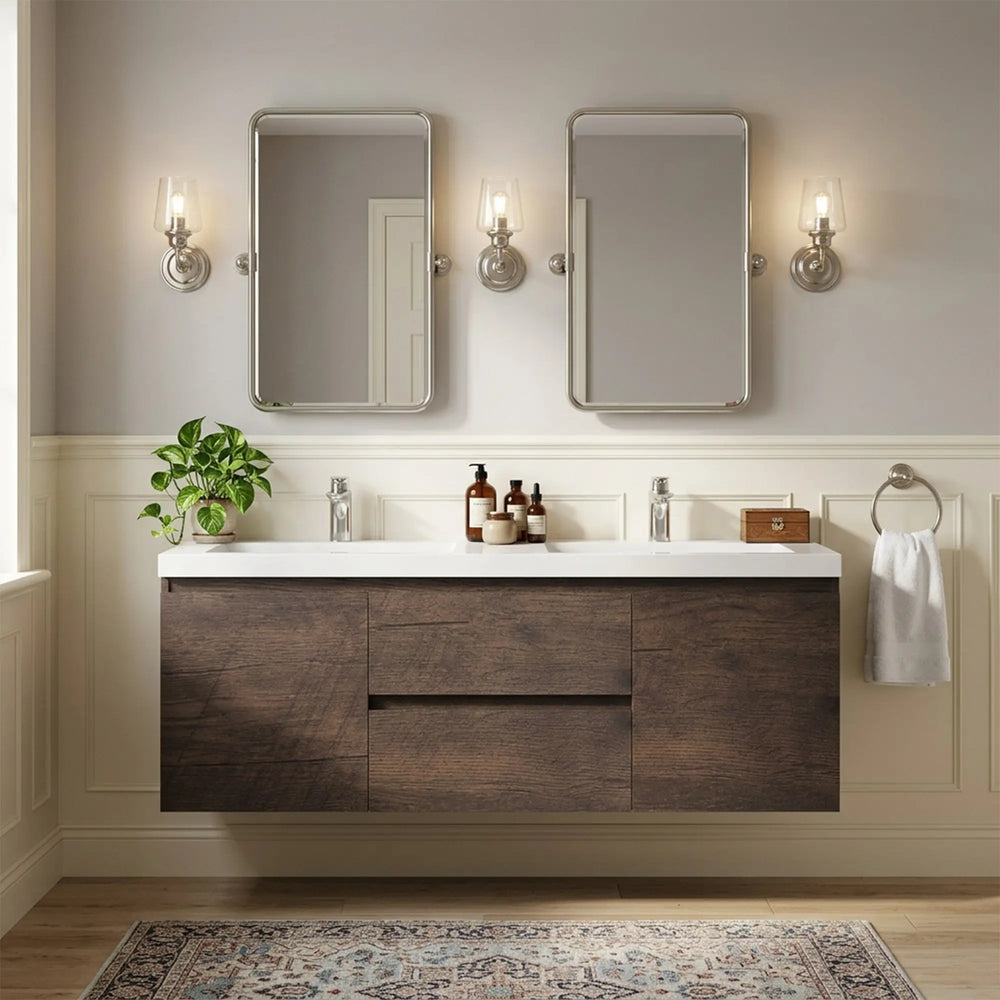 Angela 60'' Floating Double Vanity Rose Wood with White Countertop TONA Bathroom Furniture