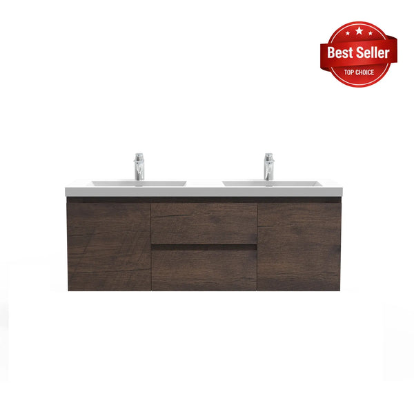 Angela 60'' Floating Double Vanity Rose Wood with White Countertop TONA Bathroom Furniture
