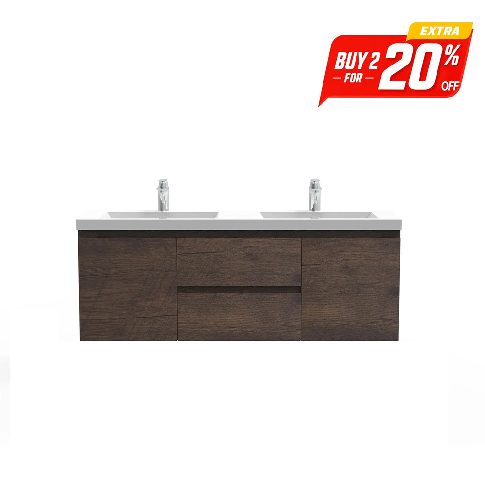 Angela 60'' Floating Double Vanity Rose Wood with White Countertop TONA Bathroom Furniture