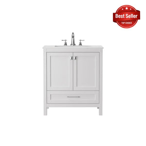 White 30'' Solid Wood Single Sink Bathroom Vanity with Marble Countertop TONA Bathroom Furniture